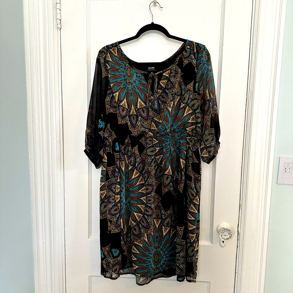 Nicole by Nicole Miller Sheer 3/4 Sleeve Abstract Printed Dress Size 16